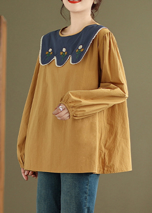 Yellow Lace Cotton T Shirt O Neck Long Sleeve