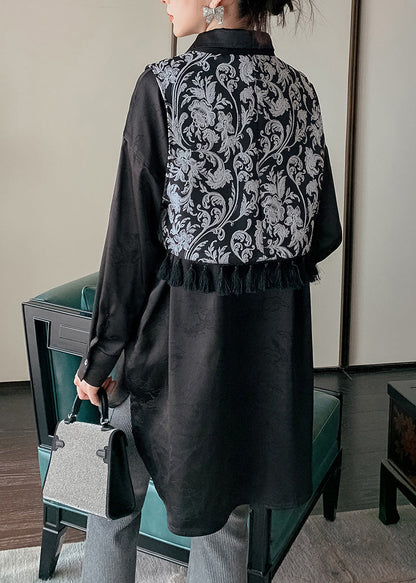 Black V Neck Print Tie Waist Waistcoat Spring