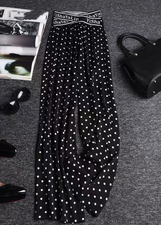 Black Print Elastic Waist Draping Chiffon Wide Leg Pants Summer