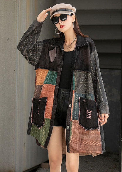 Handmade Denim Patchwork Knit Peterpan Collar Pockets Fall Long Sleeve Coat