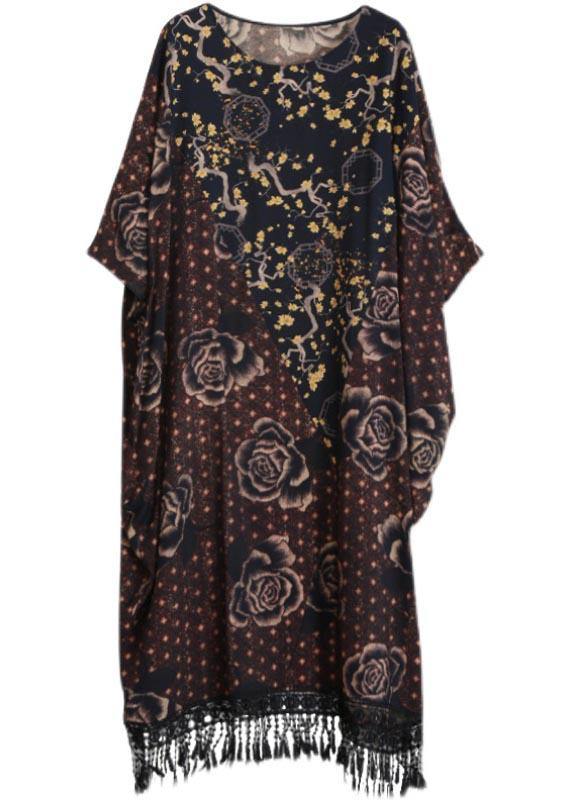 Style Chocolate Print Quilting Clothes O Neck Tassel Spring Dresses