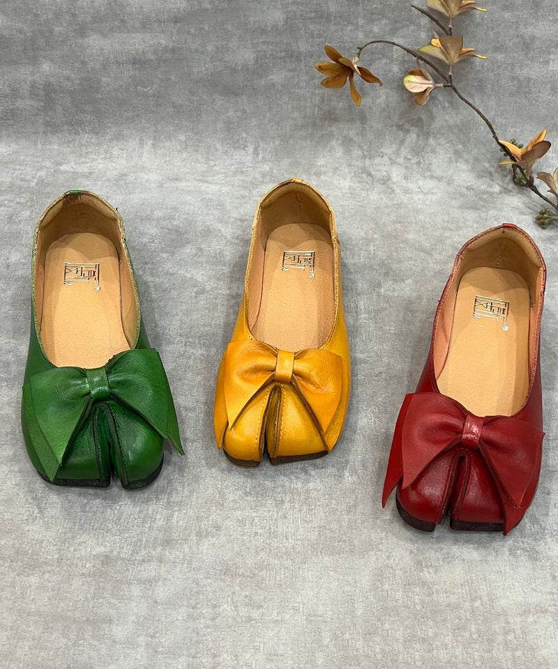 Green Bow Split Toe Cowhide Leather Flat Shoes for