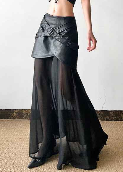 New Black High Waist Tulle Patchwork Faux Leather Skirt Summer