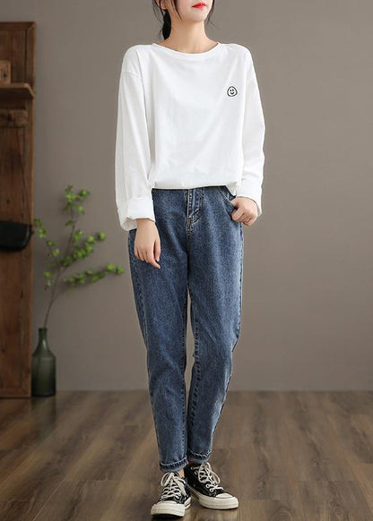 O Neck Linen Spring Blouse Fabrics White Smiling Face Blouse