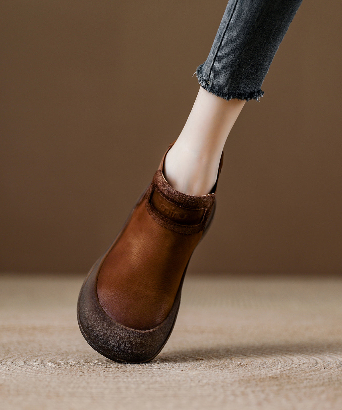 Comfy Brown Cowhide Leather Splicing Ankle Boots