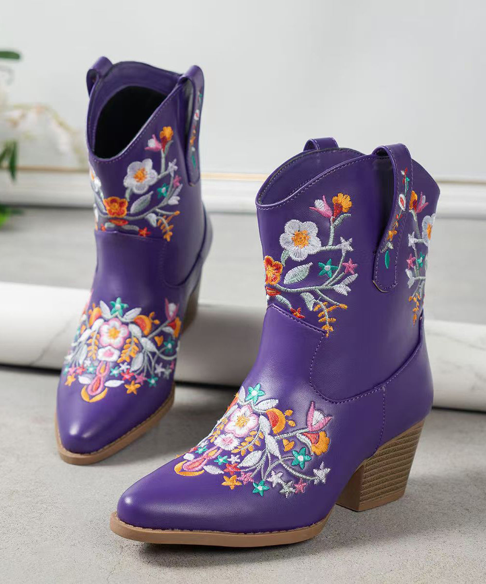 Purple Embossed Faux Leather Chunky Boots