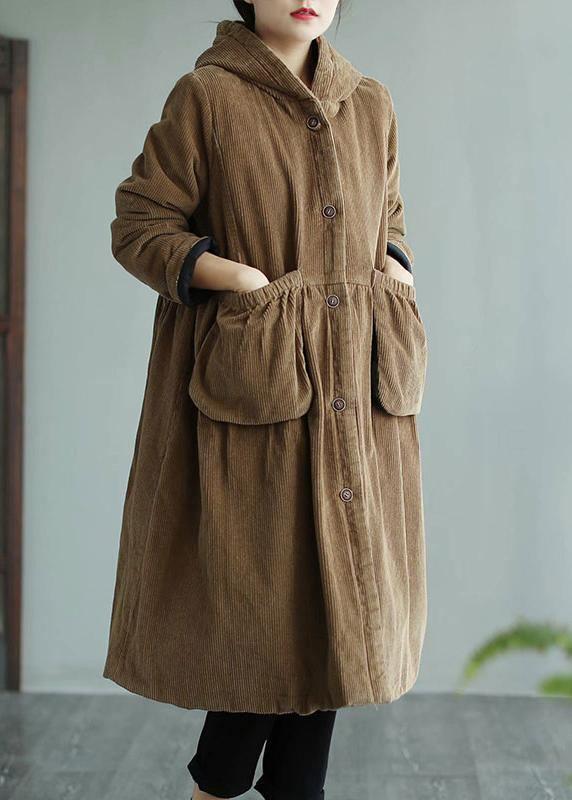 Modern Hooded Pockets Maxi Coat Khaki Daily Outwear