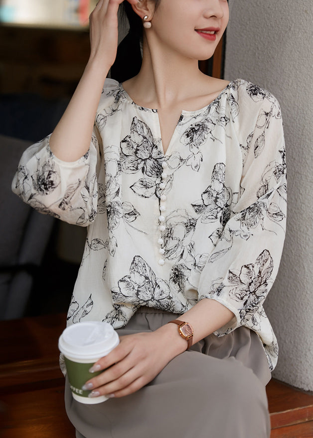 White Oversized Print Cotton Shirts Bracelet Sleeve
