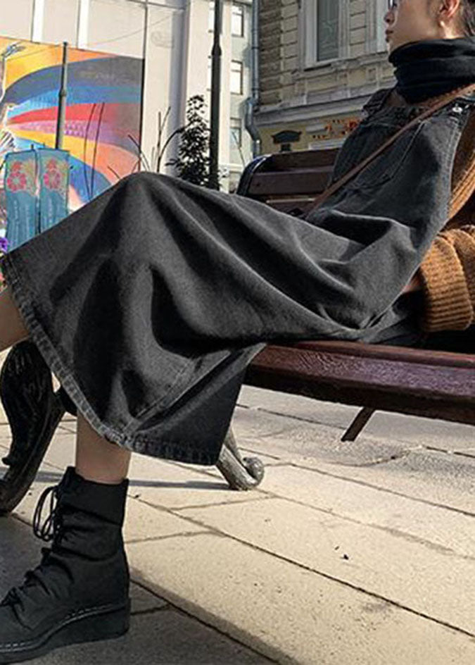 Black Slash Neck Patchwork Button Denim Long Dress Fall