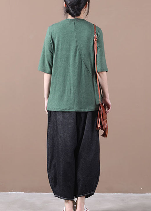 Green Wrinkled Knit Blouses Half Sleeve