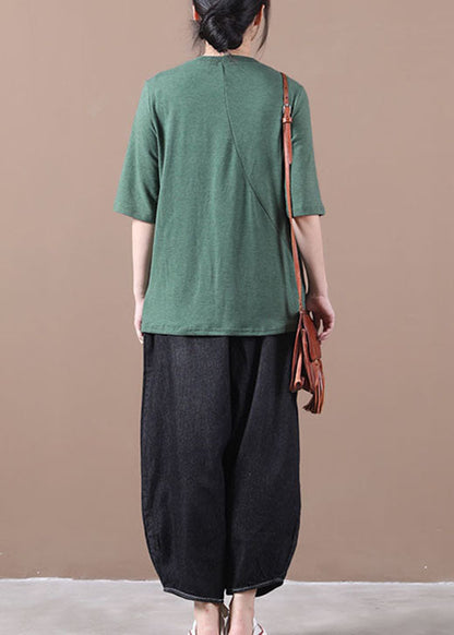 Green Wrinkled Knit Blouses Half Sleeve