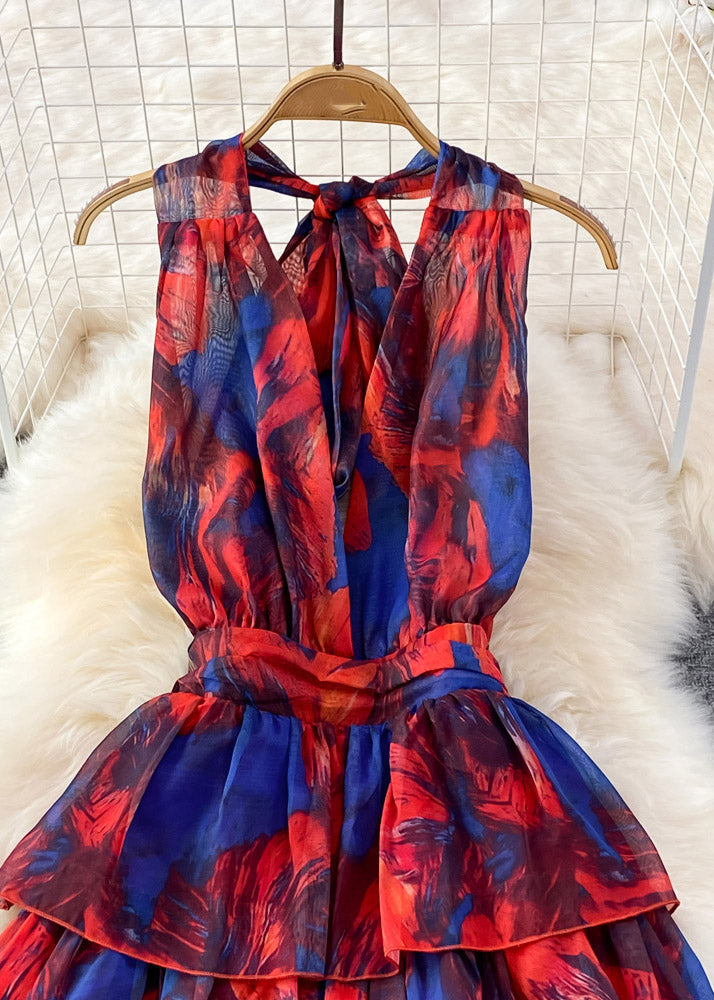Diy Red V Neck Print Tie Dye Tunic Long Layered Dress Summer