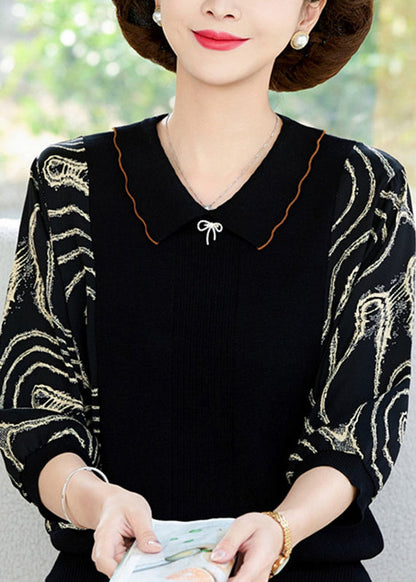 Natural Black O-neck Print Chiffon Patchwork Knit Shirts Lantern Sleeve