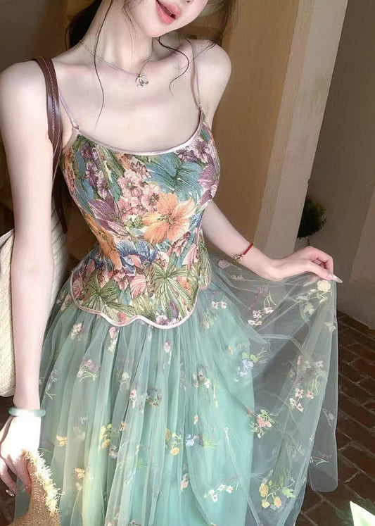 Green Print Tulle Vests and Skirts Two Piece Set Outfits Summer