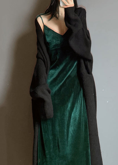 Green V Neck Velour Spaghetti Strap Dress Fall
