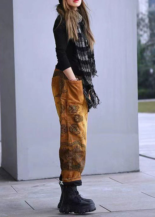 Yellow Pockets Print Elastic Waist Corduroy Pants Spring