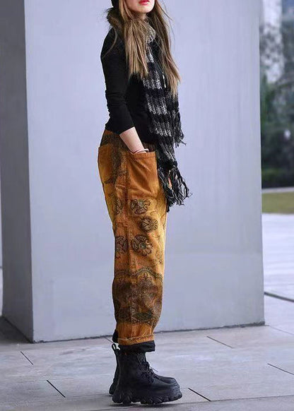 Yellow Pockets Print Elastic Waist Corduroy Pants Spring