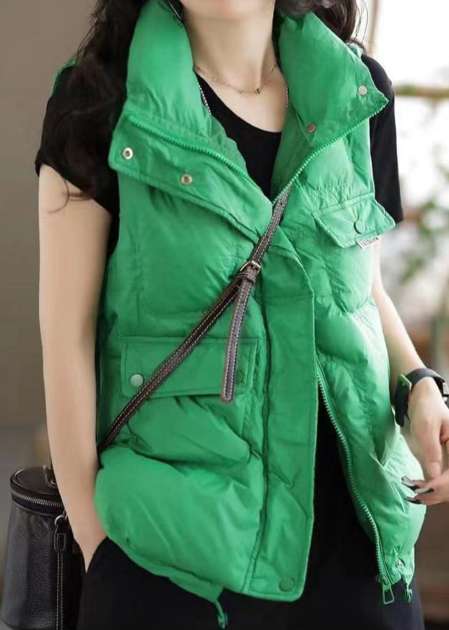 Green Zip Up Pockets Patchwork Duck Down Waistcoat Sleeveless