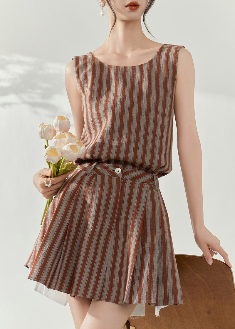 Brown Striped Cotton Top and Skirts Two-piece Set Summer