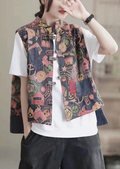 Retro Colour Stand Collar Print Button Low High Design Waistcoat Sleeveless