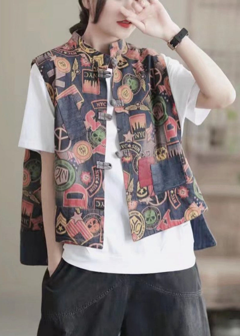 Retro Colour Stand Collar Print Button Low High Design Waistcoat Sleeveless