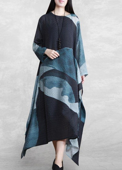 French Blue Print Quilting Clothes V Neck Asymmetric Spring Dress