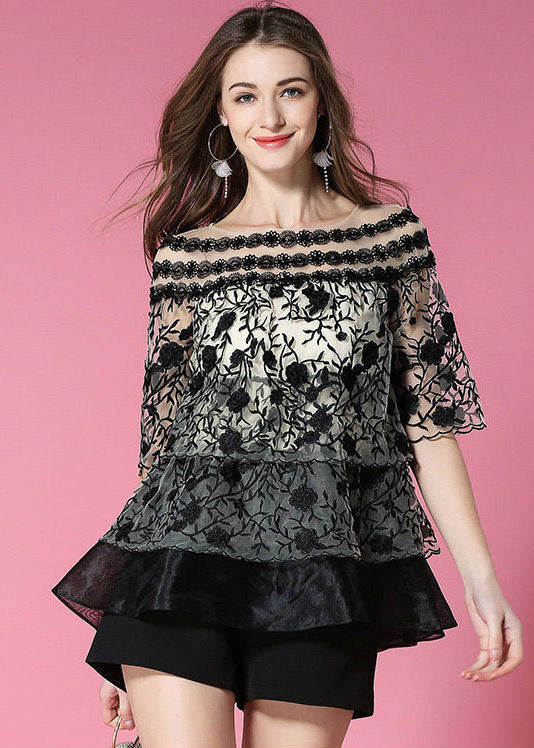 Black O-neck Embroideried Organza Tops Summer