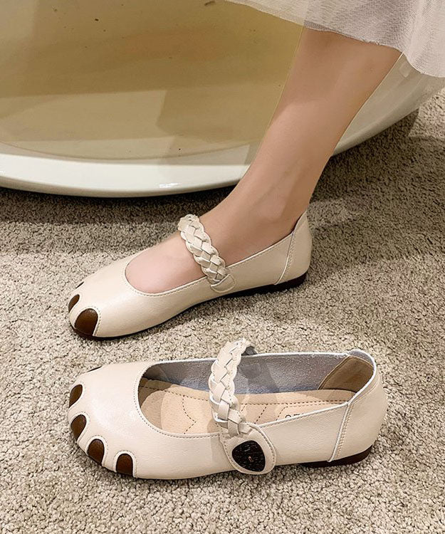 Fine Buckle Strap Flat Shoes for Beige Cowhide Leather