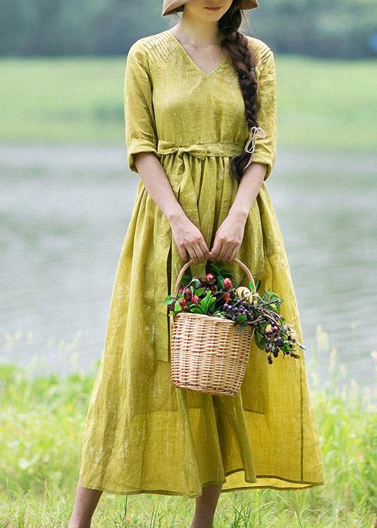 V Neck Tie Waist Summer Clothes for Ideas Yellow Loose Dress