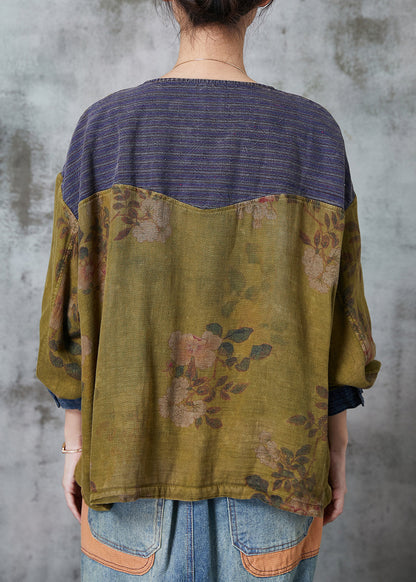Grass Green Chinese Button Patchwork Linen Top Spring