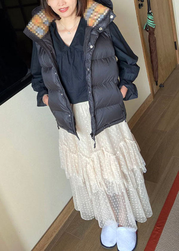 Simple Black Hooded Color Duck Down Puffer Vest Sleeveless