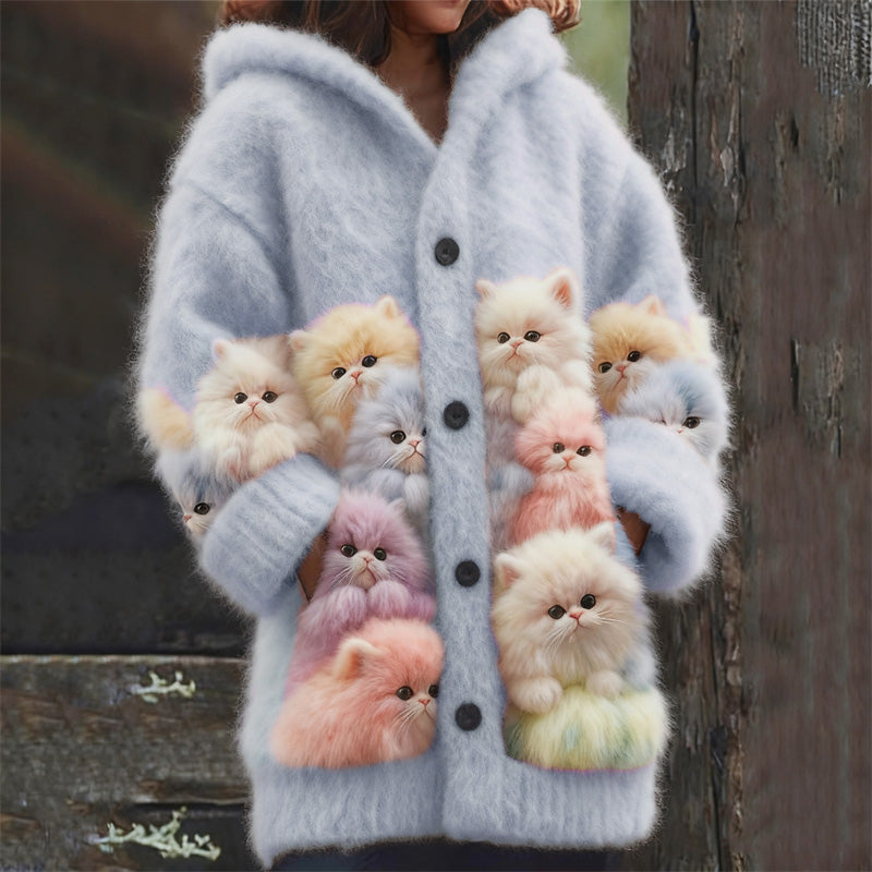 Comstylish Lovely Fuzzy Colorful Cats Cozy Hooded Cardigan
