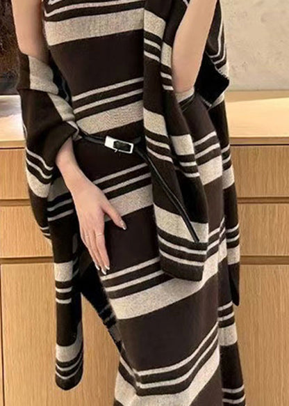 Brown Striped Cardigans and Sweater Dress Knit Two Pieces Set Fall