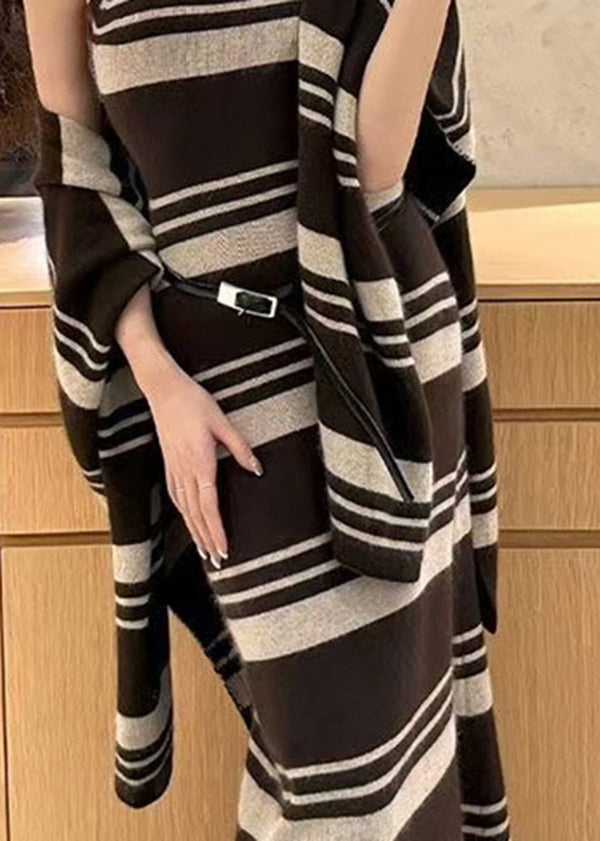 Brown Striped Cardigans and Sweater Dress Knit Two Pieces Set Fall