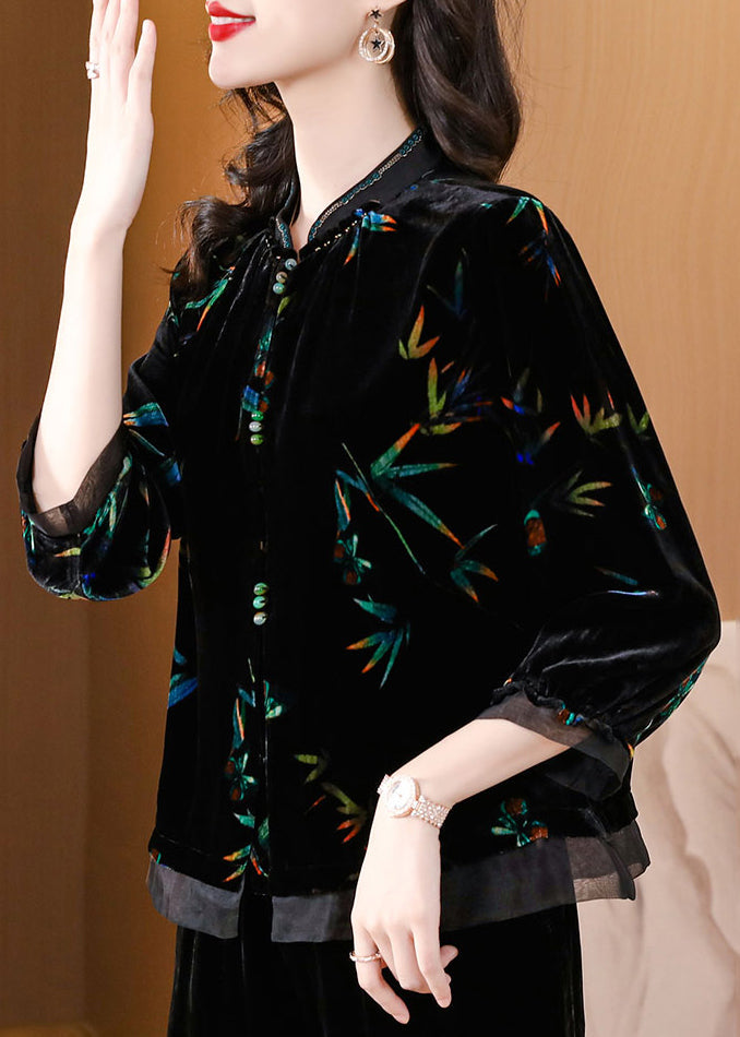 Black Stand Collar Print Silk Velour Shirts Spring