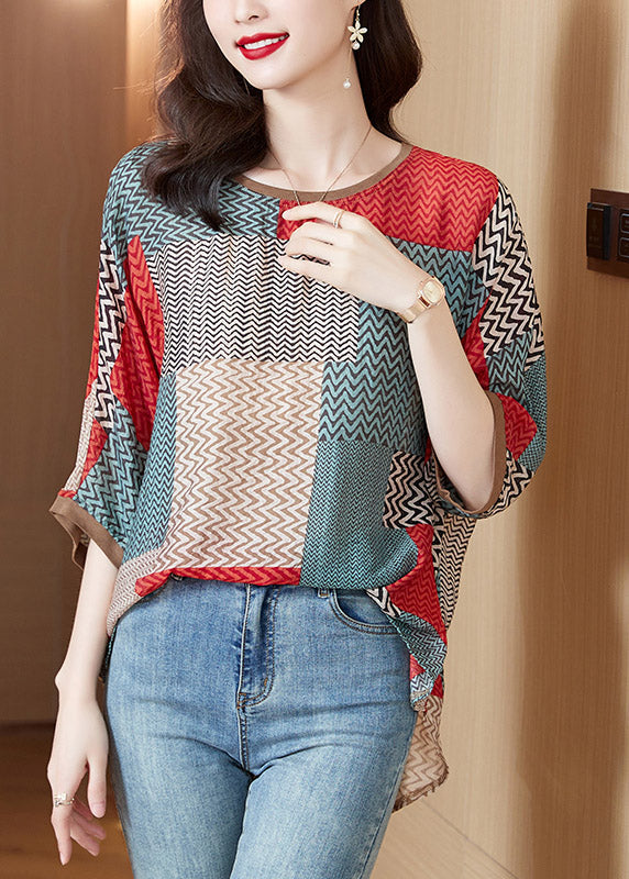 Red O-neck Striped Print Silk Shirt Half Sleeve