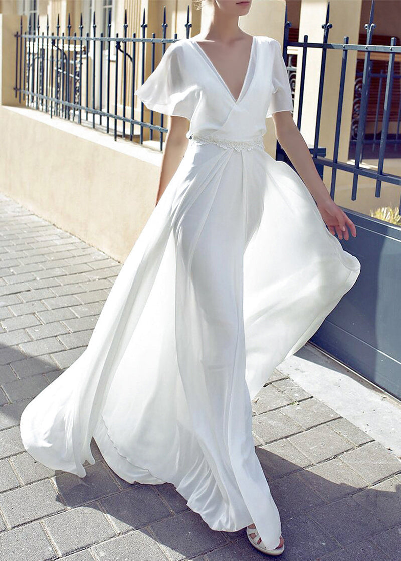 White V Neck Backless Chiffon Ankle Dress Summer
