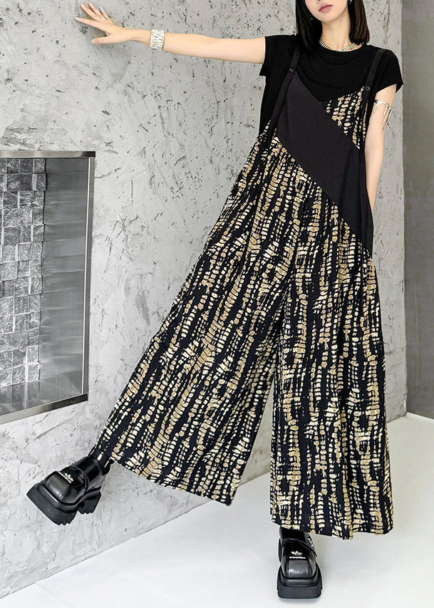 Black Oversized Patchwork Print Cotton Jumpsuits Summer