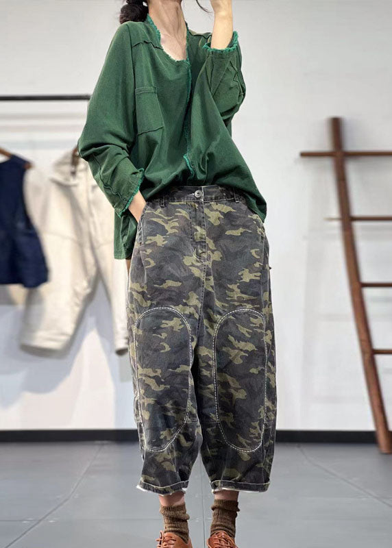 Green Elastic Waist Embroideried Camouflage Cotton Harem Pants Fall