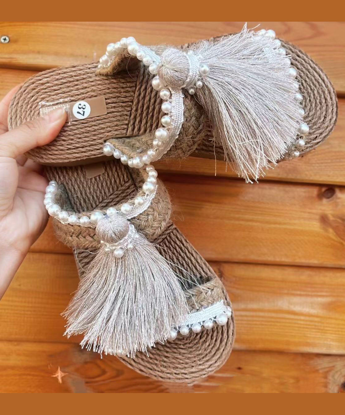 Style Tassel Grass Woven Beach Flat Slide Sandals