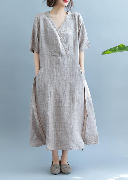 French Khaki Linen Dress V Neck Robe Summer Dresses