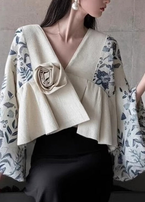 Natural Colorblock V Neck Print Patchwork Tops Flare Sleeve