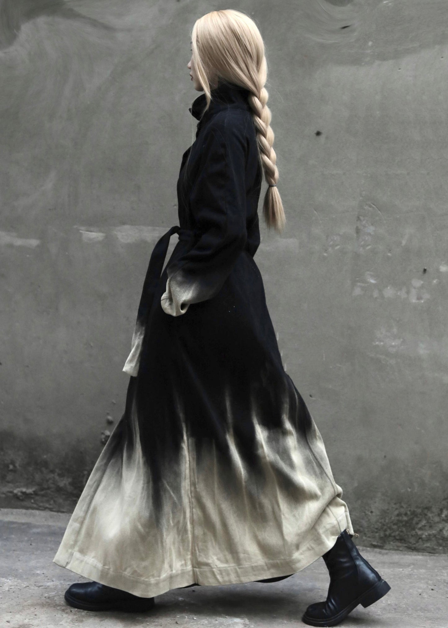 Gradient Color Tie Waist Pockets Denim Long Coats Long Sleeve Spring