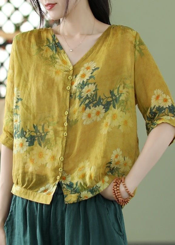 Orange Print Slim Fit Linen Shirt Top Half Sleeve