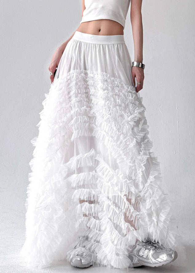 White Wrinkled Tulle a Line Skirts High Waist