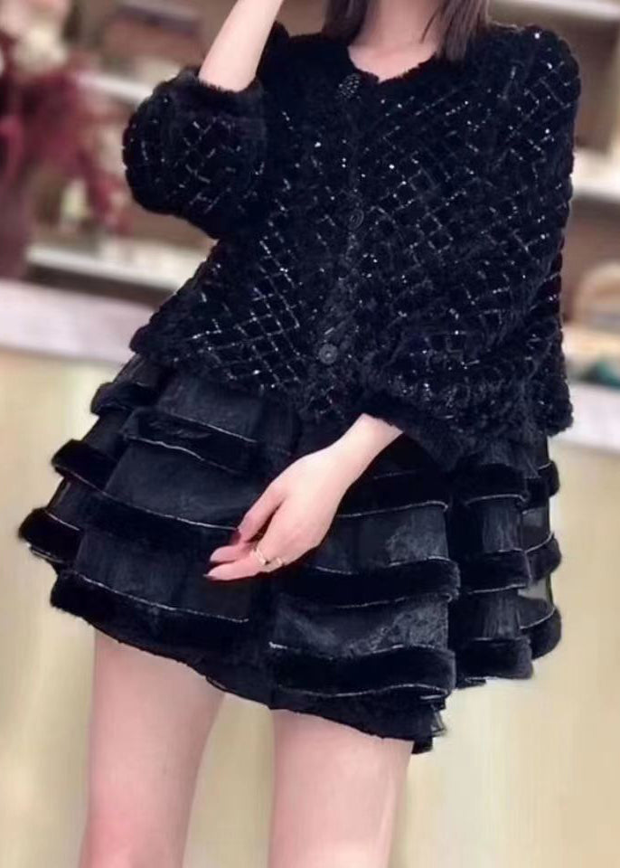 French Black O-neck Button Patchwork Velour Coats Fall