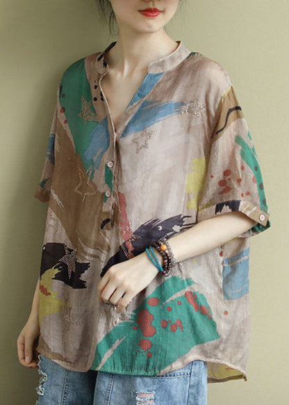 Colorblock V Neck Print Patchwork Cotton Shirts Top Summer