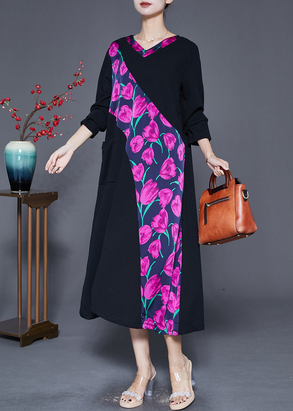 Purple Cotton Dresses Oversized Patchwork Pocket Fall