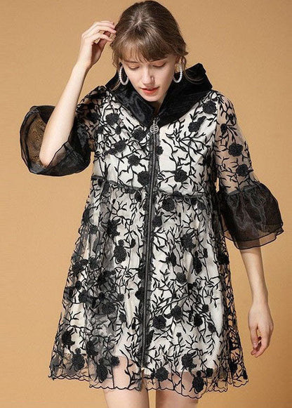 Black Hooded Embroideried Patchwork Organza Coats Half Sleeve
