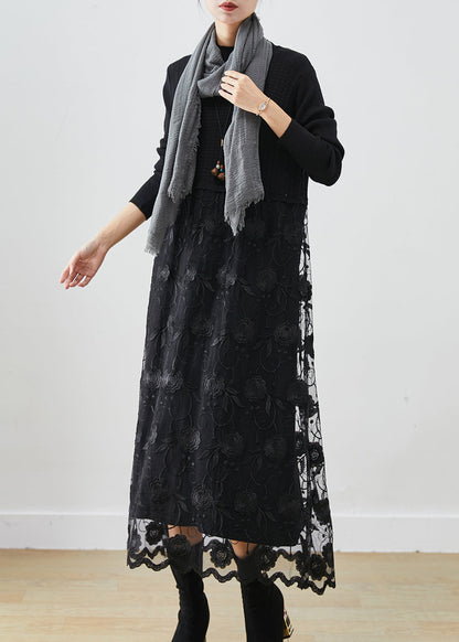 Black Patchwork Tulle Knit Holiday Dress Embroideried Fall